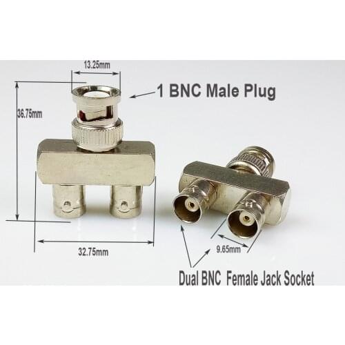 100pcs lots Factory wholesaler Adapter 2x BNC male Plug to BNC Female Jack "T" Type RF Y grains 75ohm connector