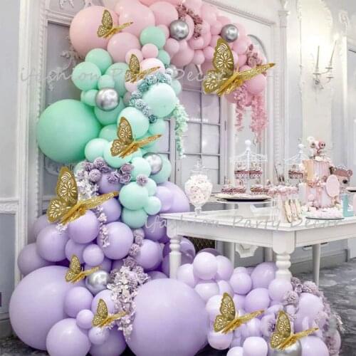138pcs Pastel Maca Baby Pink Purple Mint Balloons Garland Arch Set 3D Butterfly Wall Decor Baby Shower Wedding Birthday Party