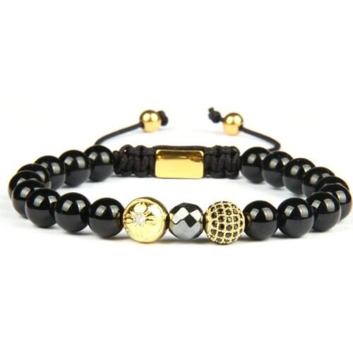 Ailatu 10 Pieces Natural Onyx Stone Jewelry Plated Copper CZ Beaded Bracelet Laser Printing Logo Back Beads