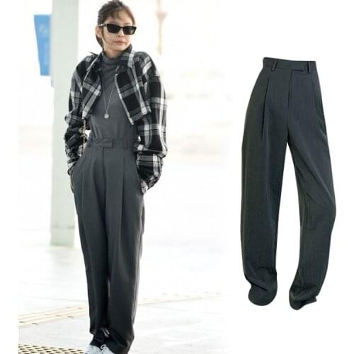 Kpop Korean Retro Fashion Womens Oversize Pants Office Solid Straight Casual Pants Vintage High Waist Wide Legs Ladies Trousers