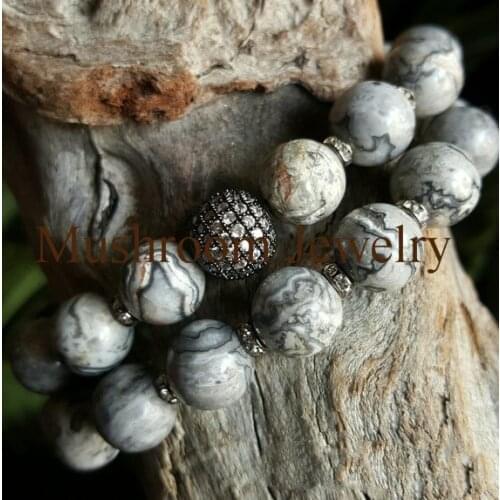 GunBlack Pave CZ Charm Crystal Metal Spacer Beads Picasso Jasper BEADED Stretch Bracelet