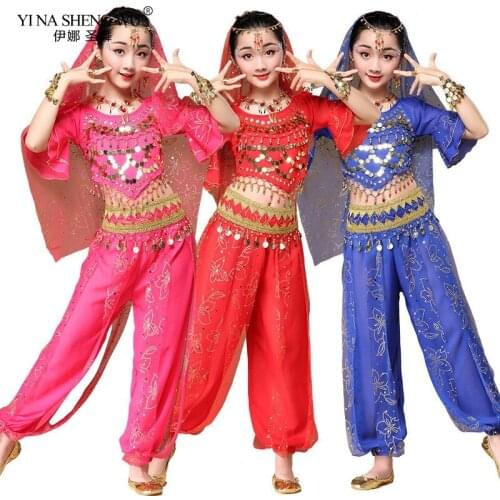 Bollywood Indian Outfits Belly Dance Children Costumes Set Girl Gypsy India Dance Wear Kids Clothes 5pcs Headwear Veil Top Belt
