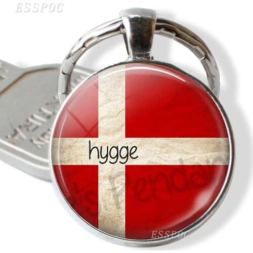 Danish Flag Key Chain Glass Cabochon Metal Denmark Happiness Jewelry Danish Tradition Happy Life Car Key Ring