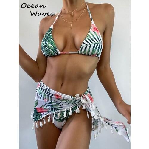 2021 New 3Pieces Summer Swimsuit Tassel Swimwear Women Plant Printing Sexy Hanging Neck Lace Up Bikini Set Floral Bathing Suit