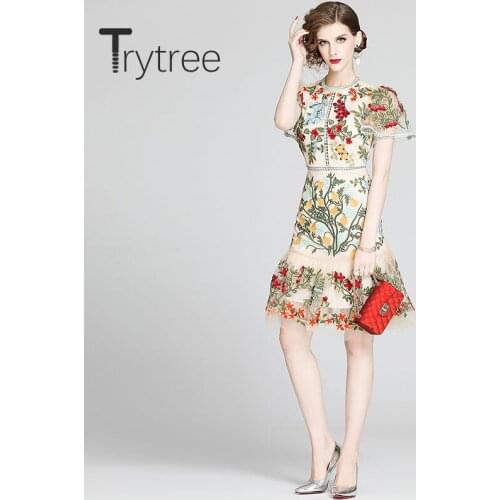 Trytree 2020 Summer Woman Casual Dress O-neck Patchwork Embroidery Mesh A-line Fashion Elegant temperament Knee-Length Dress