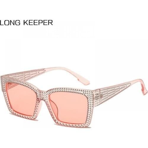 LongKeeper Luxury Diamond Sunglasses Women Vintage Square Crystal Sun Glasses Rhinestone Glasses Lady Shades Red Pink Oculos