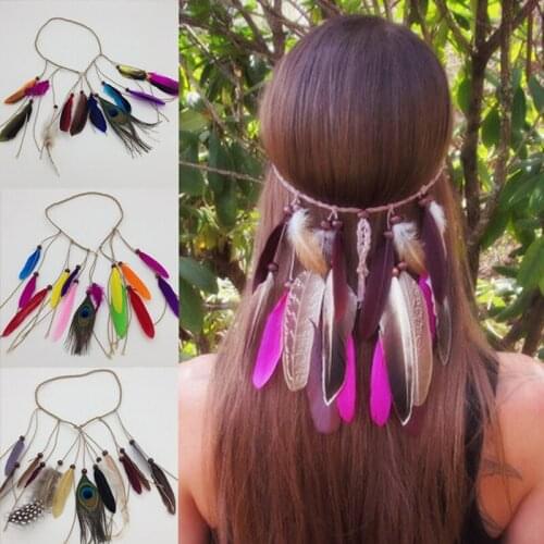 Fashion Elastic Bands Hair Bows Indian Feather Hand Woven Peacock Feather Hair Bands Headband Accessories