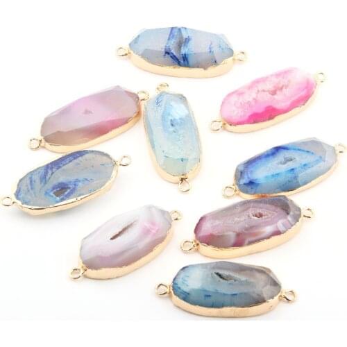 Natural Stone agates Pendant Oval shape Double Hole Connector for Jewelry Making DIY Charms Necklace Bracelet Accessories