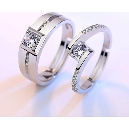 Newest 925 Sterling Silver Lovers' Wedding Rings Men and Women Zircon Opening Rings Valentines Day Present