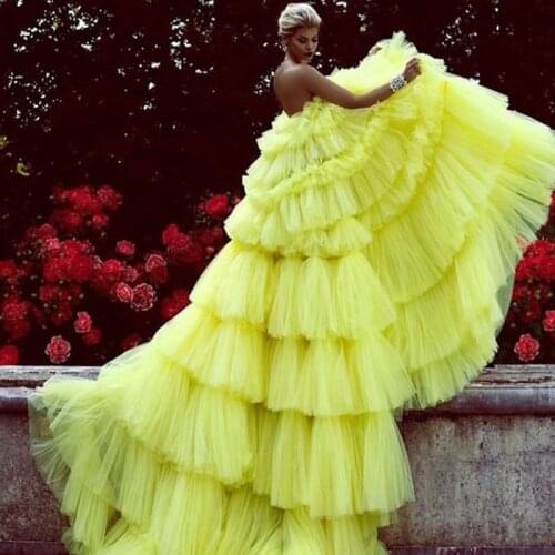 Amazing Layered Tulle Ball Gown Prom Dresses 2019 Bright Yellow Tiered Chic Evening Dress Long Gown Abendkleider Robe de soiree