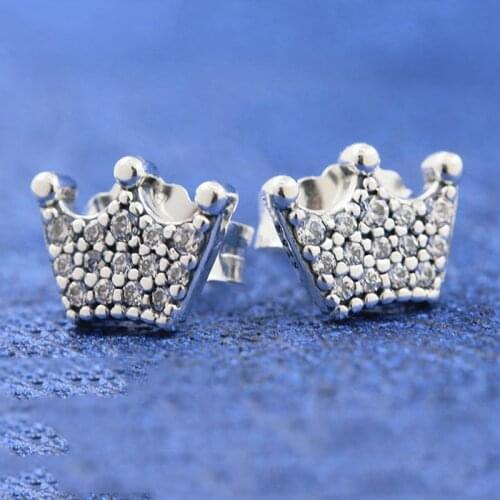 Original Enchanted Crown With Crystal Studs Earrings For Women 925 Sterling Silver Earring Wedding Gift Fine Pandora Diy Jewelry