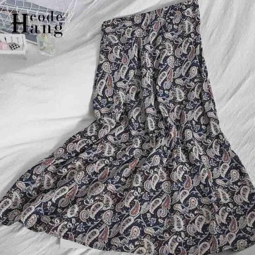 HangCode 2021 Vintage Cashew Flowers A-line Skirt Women High Waist Print Chiffon Skirt Lady Casual Fashion Elegant Midi Skirts