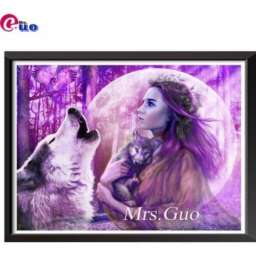 Wolf and woman cross stitch 5d diy diamond painting full square drill rhinestones of picture diamond embroidery fantasy woman