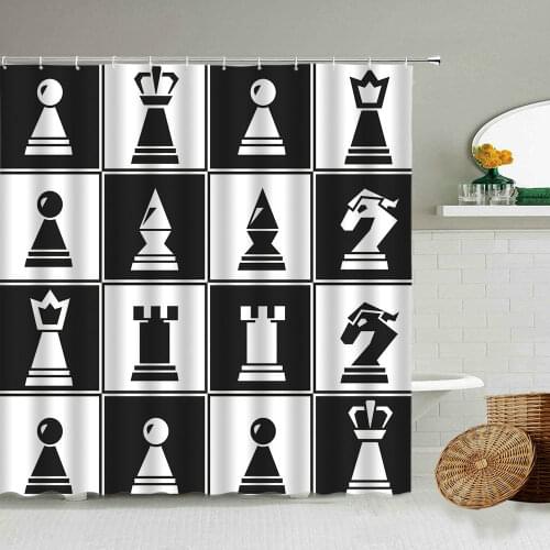 Cartoon Fun Chess Board Shower Curtain Puzzle Game Black and White Bathroom Waterproof Polyester Screen Home Wall Decoration Set