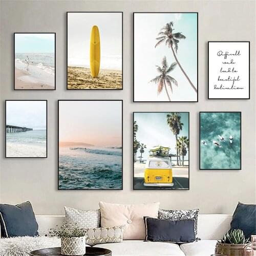 Yellow Travel Car Surfboard Canvas Poster California Ocean Landscape Painting Beach Surf Wall Art Print Pictures Home Decoration