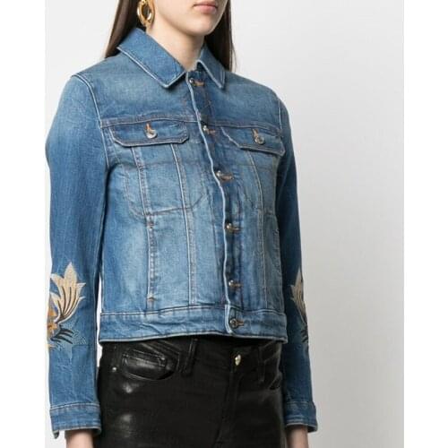 Tulip Embroidered Womens Denim Coat 2021 New Lady Single-Breasted Long Sleeve Short Jacket Tops
