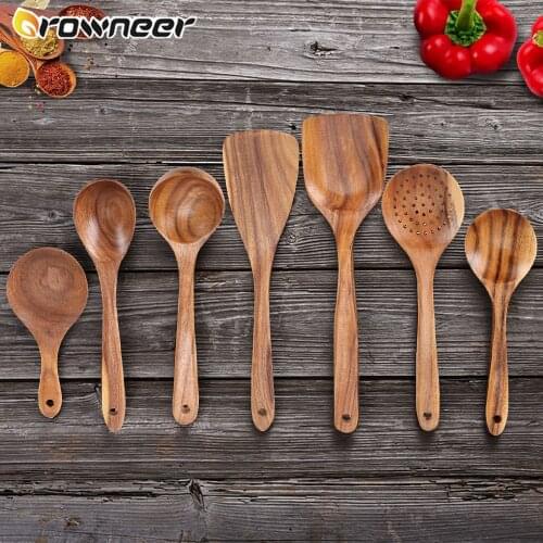 1/5/7pcs Teak Natural Wood Tableware Spoon Special Nano Soup Long Colander Soup Skimmer Cooking Spoon Wooden Kitchen Tool Kit