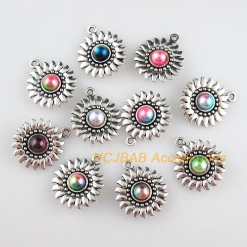 10 New Sunflower Charms Mixed Acrylic Round Pendants Tibetan Silver Tone 20x24mm