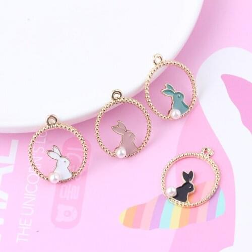 10pcs Kawaii wreath pearl Bunny enamel Charms For earring drop oil drop animal rabbit tag for Jewelry DIY Accessories Pendant