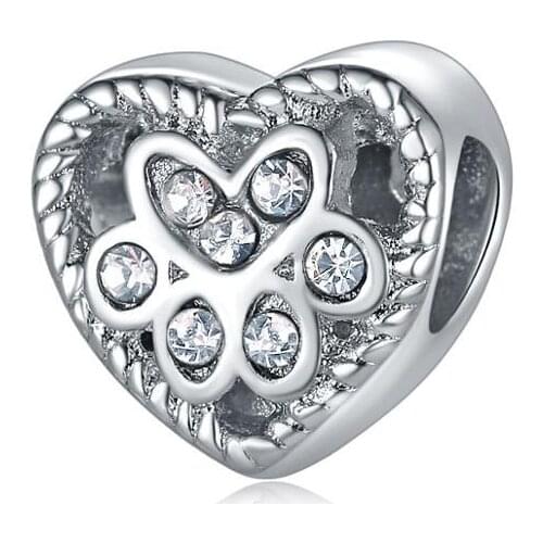 5PCS Silver Color Crystal Animal Paw Print Heart Shape Hollow Bead for Women Jewelry Making Charm for Original Bracelet Earring