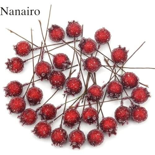 50PCS Mini Fake Glass Pomegranate Fruit Small Berries Artificial Flowers Red Cherry Stamen Wedding Christmas Tree Decoration