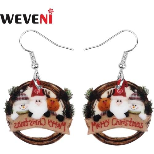 WEVENI Acrylic Christmas Santa Claus Elk Deer Snowman Round Earrings Drop Dangle Decorations Jewelry For Women Girls Teens Gift