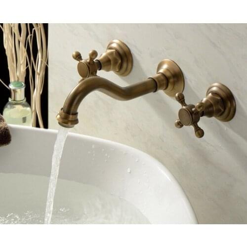 Antique Brass Wall Mount Bathroom 3PCS Dual Cross Handles Tub Faucet Bathroom Tub Sink Mixer Taps atf050