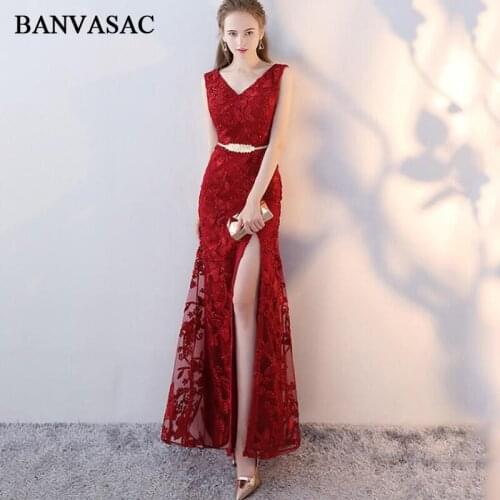 BANVASAC 2019 Elegant Lace Appliques V Neck Split Mermaid Long Evening Dresses Party Metal Sash Backless Prom Gowns