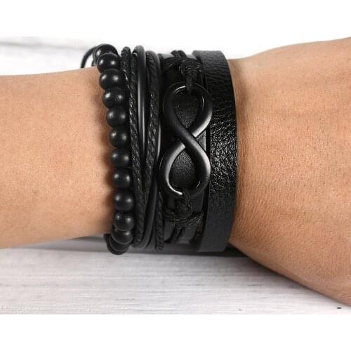 Mens Endless Figure 8 Bracelet Handmade Jewelry Couple Leather Bracelet Multilayer Wide Wrap Jewelry Black Bead Woman Gifts CN