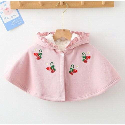 Autumn Winter Girls Kids Cloak Wraps Coat Infant Baby Girls Strawberry Embroidered Thicken Hooded Cloak Children Clothing