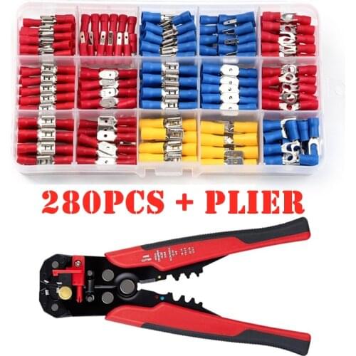 280PCS Assorted Spade Terminals Insulated Electrical Wire Crimp Connector Butt Ring Fork Set Ring Lugs + Wire Stripper