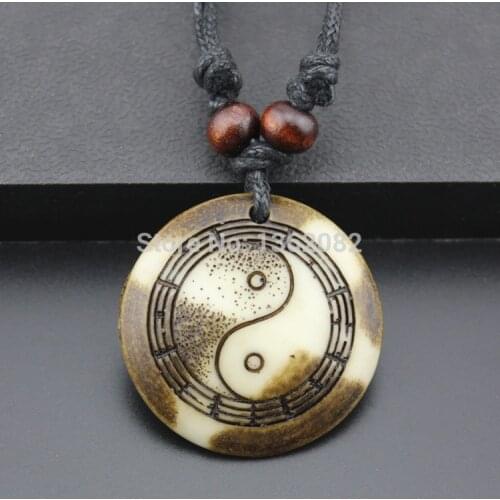 Cool Imitation Bone Carved Tai Chi Bagua Yin & Yang Pendant Necklace Gift MN497