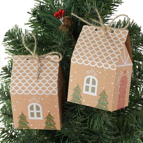 5pcs/lot House Shape Christmas Candy Gift Bags With Ropes Xmas Cookie Bags Merry Christmas Guests Packaging Boxes Party Decor