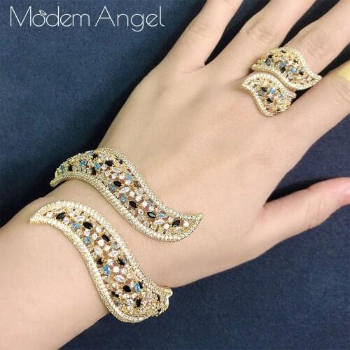 ModemAngel Luxury Wing Shape Jewelry Sets For Women Wedding Zircon Crystal Bridal Bangle Ring Sets aretes de mujer modernos