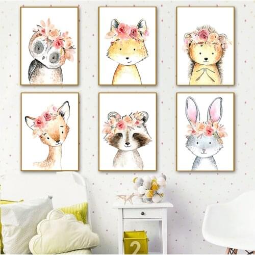 Nordic Cartoon Wall Pictures Kids Room Decor Giraffe Rabbit Deer Animals Print Nursery Wall Art Canvas Painting Flowers