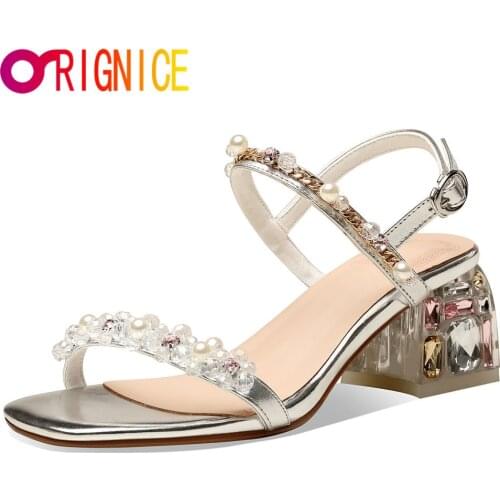 Orignice New Rhinestone Sandals Women Fashion Belt Square High Heels Female Buckle Peep Toe Strap Party Wedding Handmade Shoes