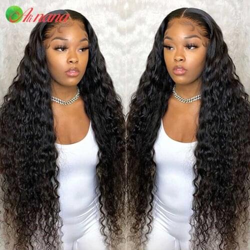 Alinana Malaysian Deep Curly Human Hair Wig 13x4 Lace Frontal Wigs Pre-Plucked Bleached Knots Deep Wave Closure Wig For Women