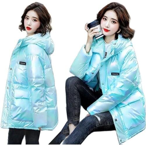 Overcoat Parka Colorful Glossy Womens Cotton Clothes New 2021 Winter Loose Thicken Mid-Length Hooded Down Cotton Women Coat