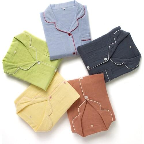 Spring /autumn Thin Long-sleeved Cotton Gauze Pyjama Women Solid Turn-down Collar Trouser Suits Sweet Cute Home Clothing 2 Piece