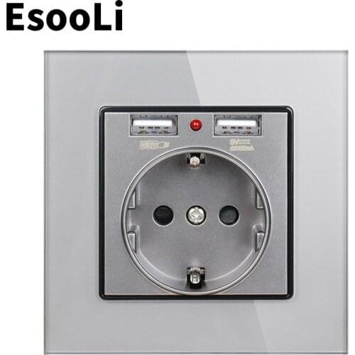 EsooLi Grey USB Wall Socket EU Power Outlet White Crystal Glass Panel Dual USB Charging Port 2.1A 16A Russia Spain