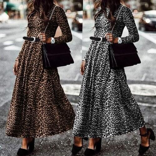Large Size Chiffton Vintage Leopard Dress Female Retro 2021 Spring Fashion O-Neck Dress Casual Wrinkled Pleated Women Long Skirt