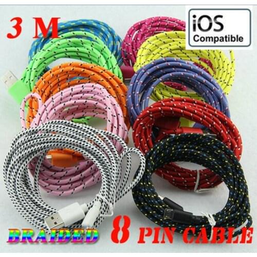 Hight Quality Colorful Braided Fabric Micro USB Cord Data & Sync Charger Cable For iPhoneX 8 7 6 5 3M 10ft 10 Colors 500pcs/lot