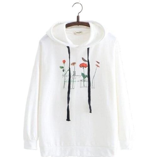 White Floral Print Casual Women Hooded Sweatshirts 2020 Autumn Winter Long Sleeve Drawstring Hoodies Korean Style Female Tops
