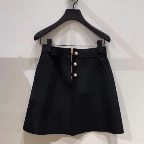 2021 Early Autumn Womens Black Knit Mini Skirt Elastic Waist Ladies A-Line Buttons Zipper Jupe
