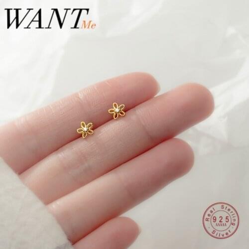 WANTME Real 100% 925 Sterling Silver Cute Sweet Hollow Mini Small Flower Geometric Stud Earrings for Women Korean Fine Jewelry