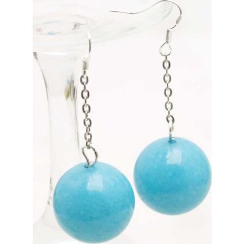 Qingmos Sky Blue 18mm Trendy Earrings for Women With Round Natural Sky-Blue Jades Dangle Silver S925 Hook Earring ear499