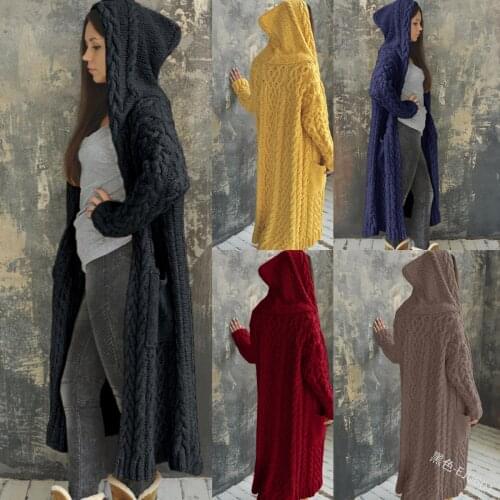 Womens Cardigan Autumn Winter New Knitted Cloak Sweater Solid Color Hooded Sweater Casual Loose Long-Sleeved Long Sweaters Thick