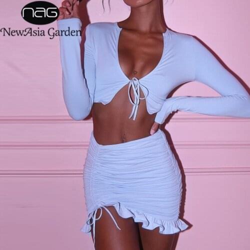 NewAsia Ruffles Mini Skirt Two Piece Set Women Autumn Long Sleeve Crop Tops 2 Piece Set Party Casual Sexy Tie Up Ruched Outfits