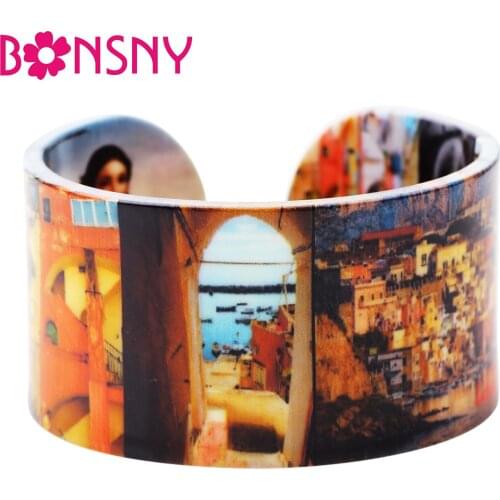 Bonsny Acrylic Wide Lady Italian Pattern Oil Painting Bracelets Bangles Novelty Jewelry For Women Girl Gift Party Decoration New