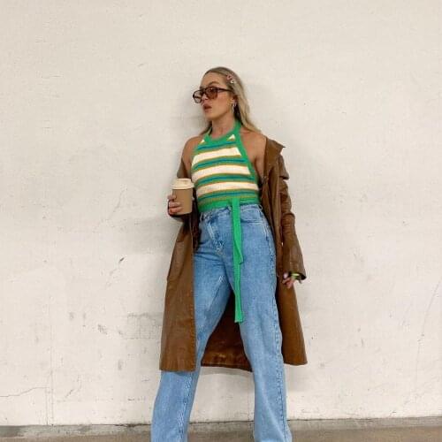 Za Crop Top Womens green striped vest summer 2021 suspender top Knitted Top Womens sexy backless sleeveless vest